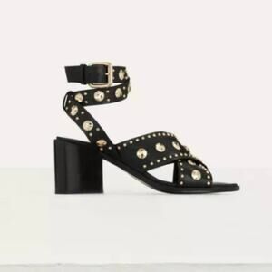 Maje Fiona sandals black leather gold silver studs ankle wrap sz 39